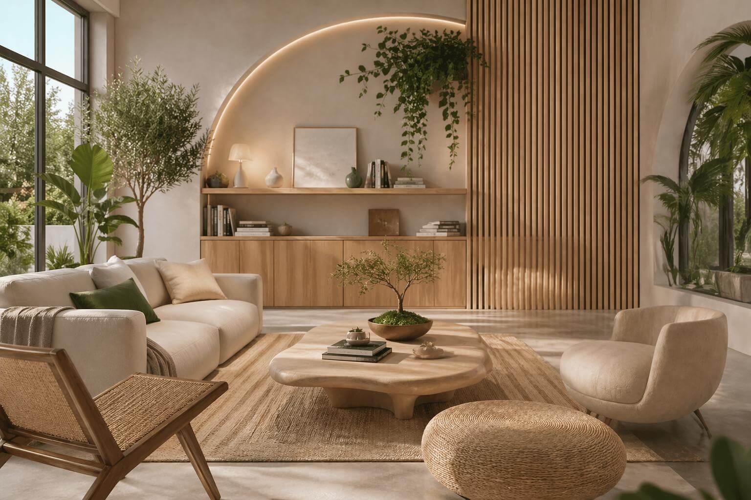 Dettaglio di un salone luminoso progettato con il metodo Archemy Living, colori oro, verde e avorio